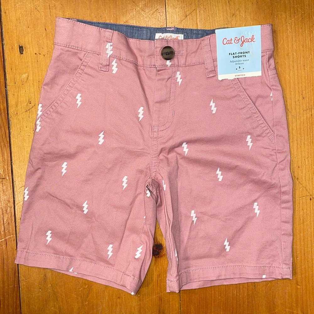 Cat & Jack Flat Front Shorts lightning bolt adj waist At Knee NWT Rose 5